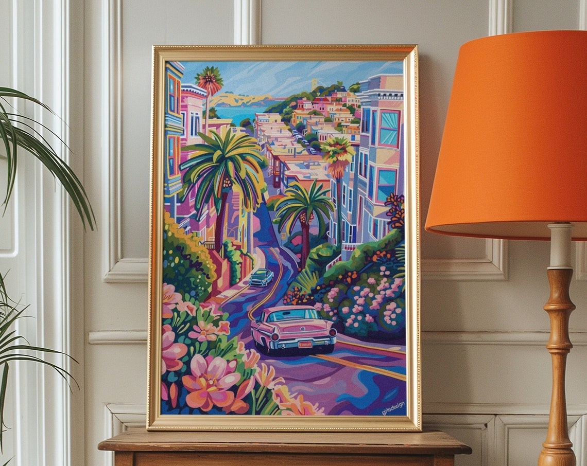 San Francisco Hillside Drive Classic Car Vibrant Sunset Travel Poster