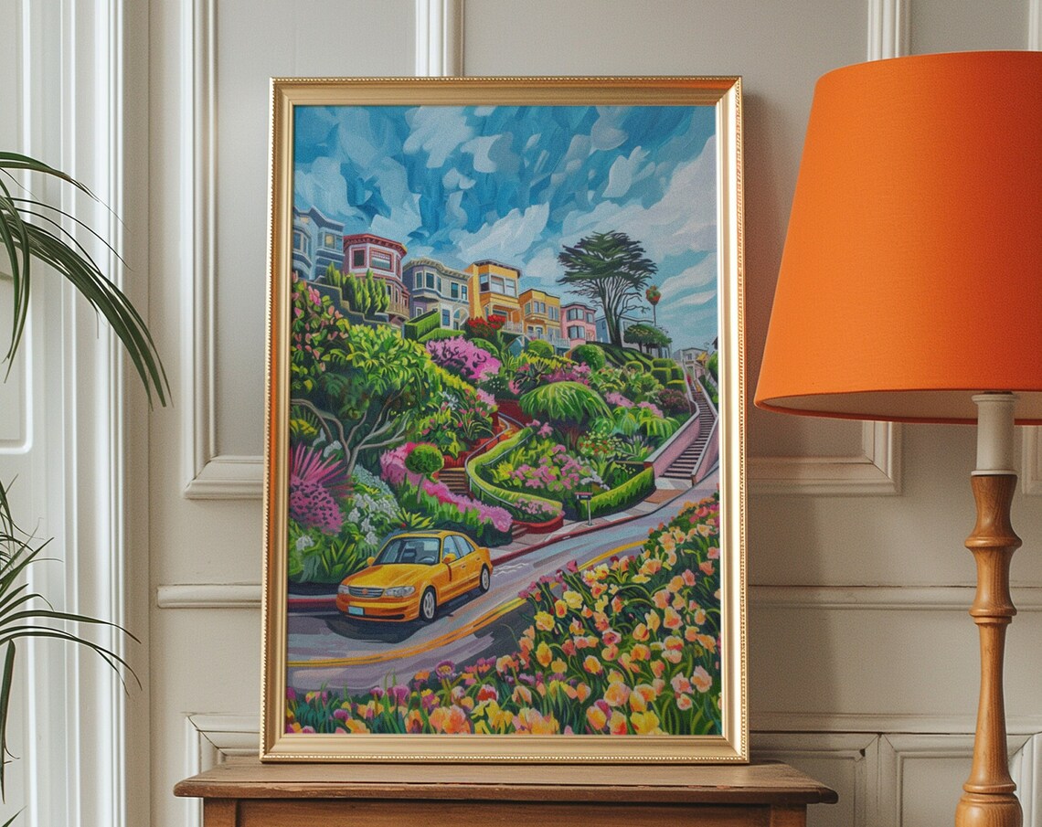 Colorful Winding Hillside City Street with a Yellow Taxi Poster