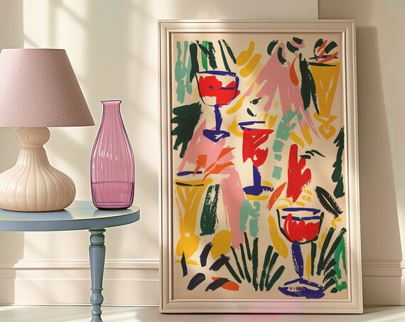 Abstract Cocktail Glasses Brushstroke Art Red Blue Yellow Bar Poster