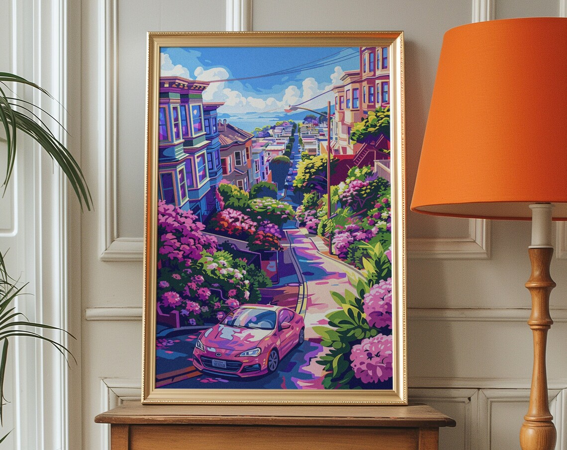 Joyful Hilly City Street with a Pink Car and Blooming Flowers Poster