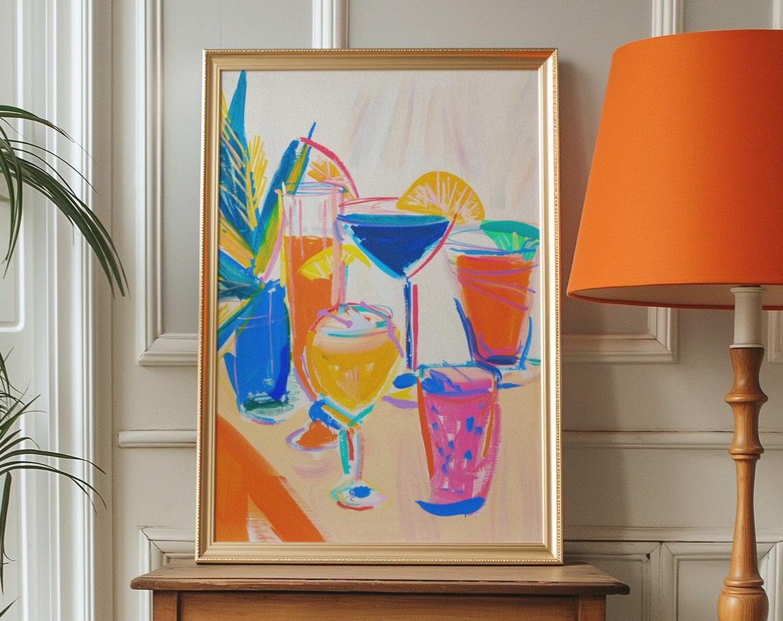 Colorful Cocktail Drinks Tabletop Orange Blue Bar Art Poster