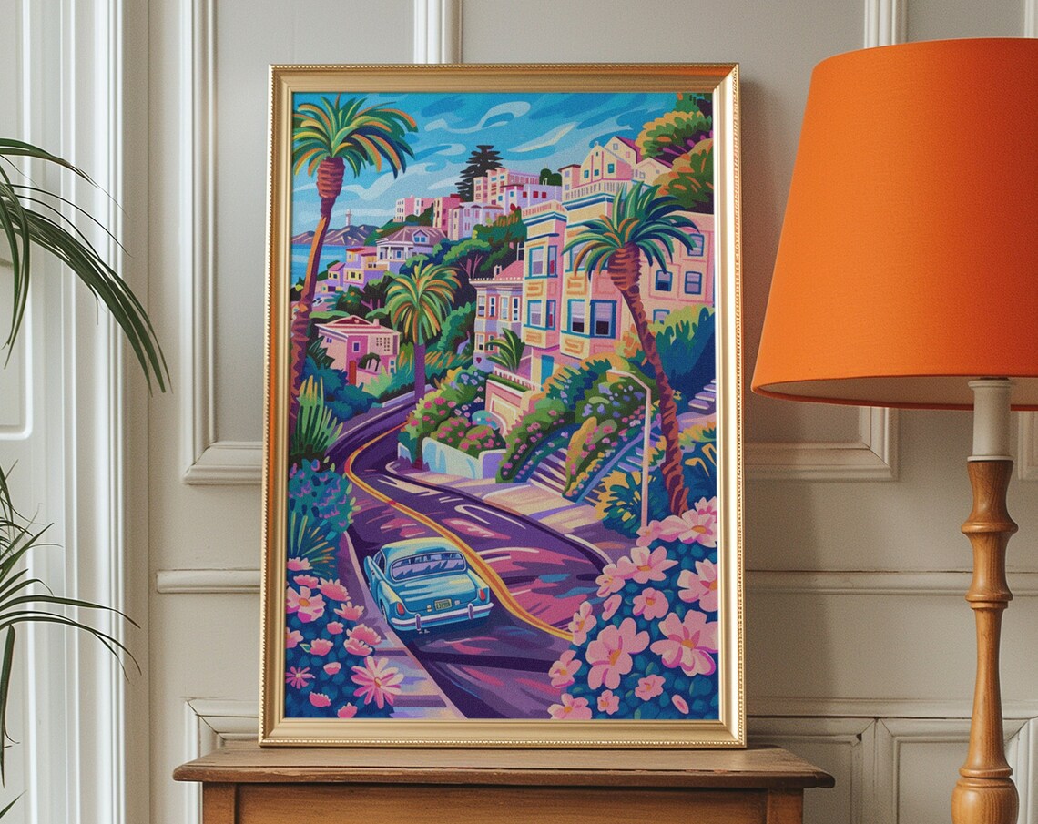 San Francisco Winding Hill Road Classic Teal Car Floral Travel Poster