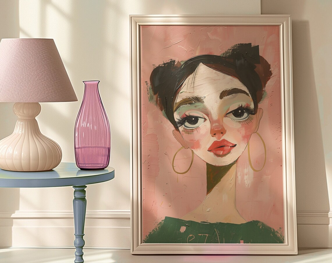 Whimsical Woman Portrait with Gold Hoop Earrings on Pink Poster