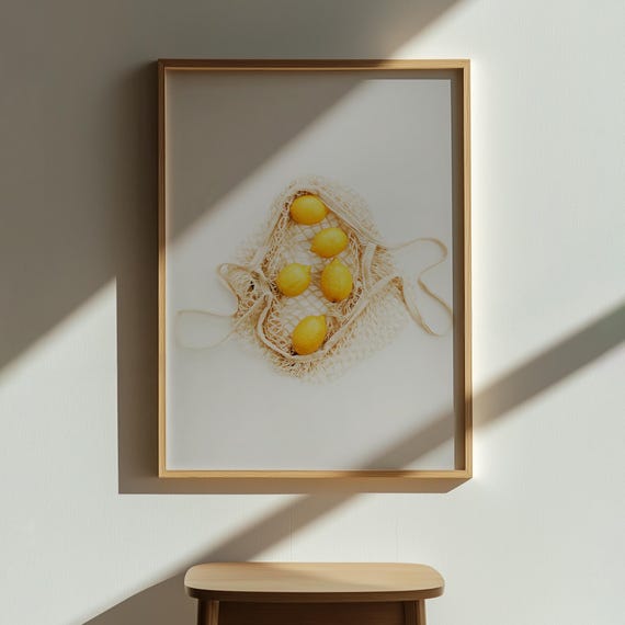 Lemon Kitchen Wall Art Minimalist Fruit Photography Print Yellow Lemons In Mesh Bag Modern Mediterranean Decor
