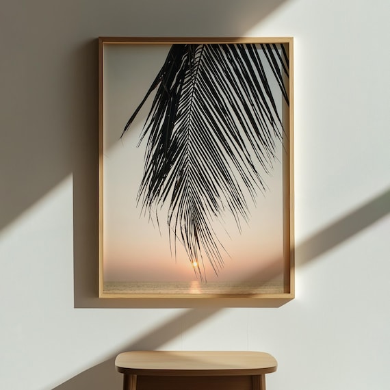 Palm Leaf Silhouette Over Ocean Sunset Tropical Photo Poster