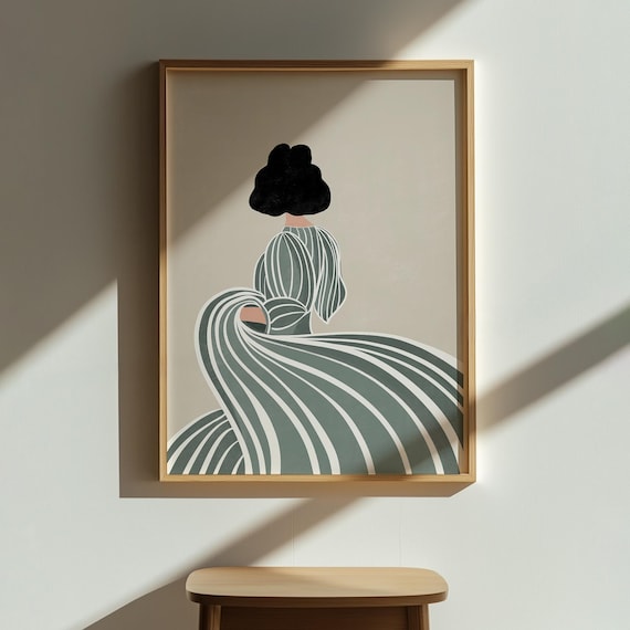 Woman In Striped Dress Mid Century Poster Minimalist Sage Wall Decor