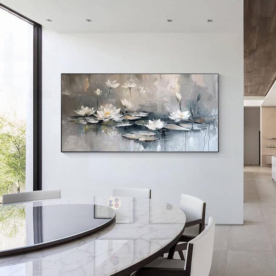 White Lotus Blossoms on a Misty Grey Pond Serene Floral Poster - Image 2