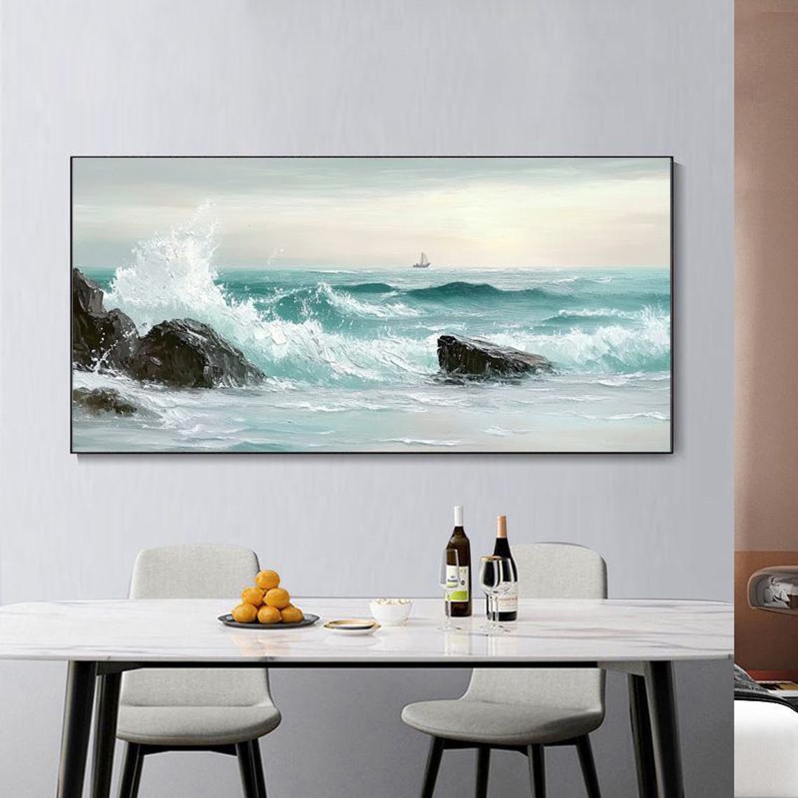 Powerful Turquoise Ocean Waves Crashing Against Rocky Coast Poster