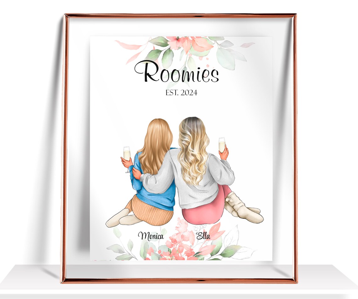 Roomies Est. 2024 Seated Friends Champagne Floral Illustration Poster