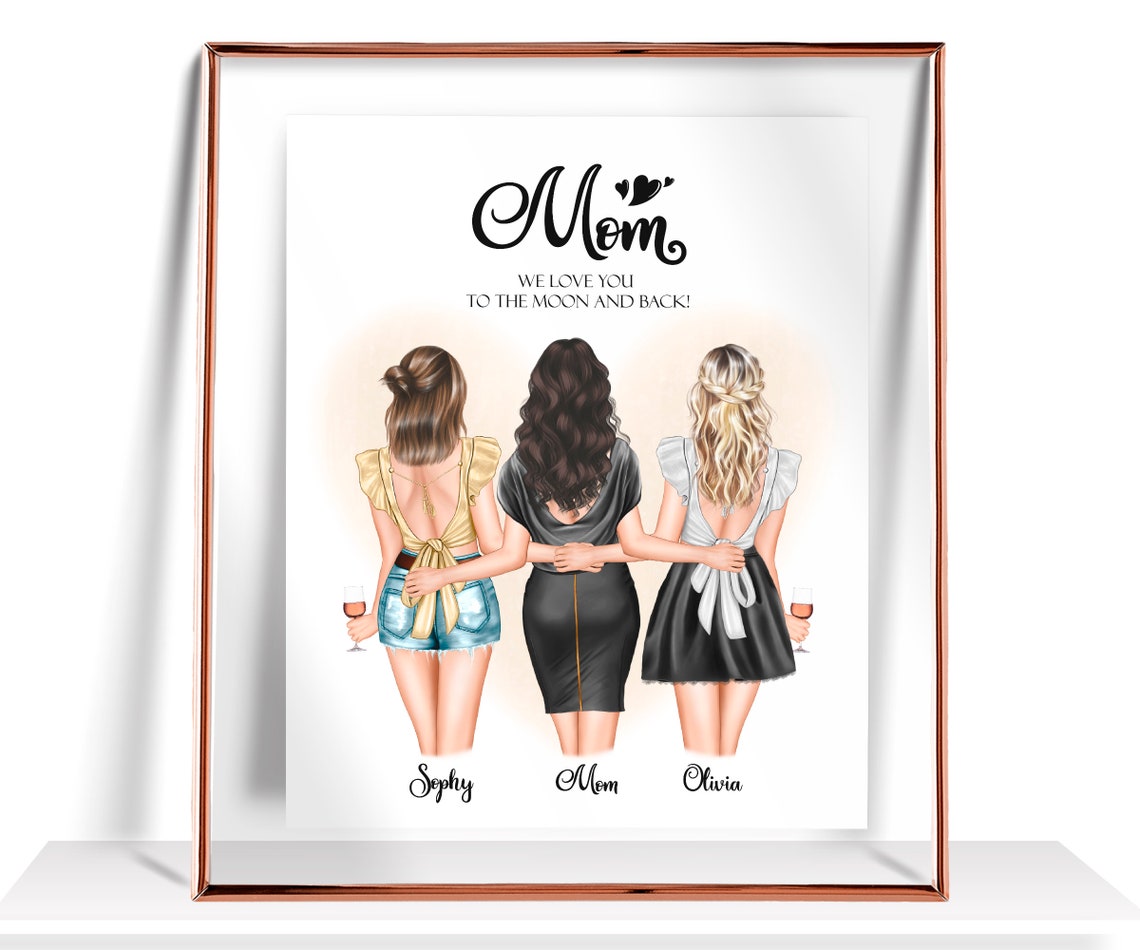 Mom We Love You to the Moon and Back Three Daughters Art Print