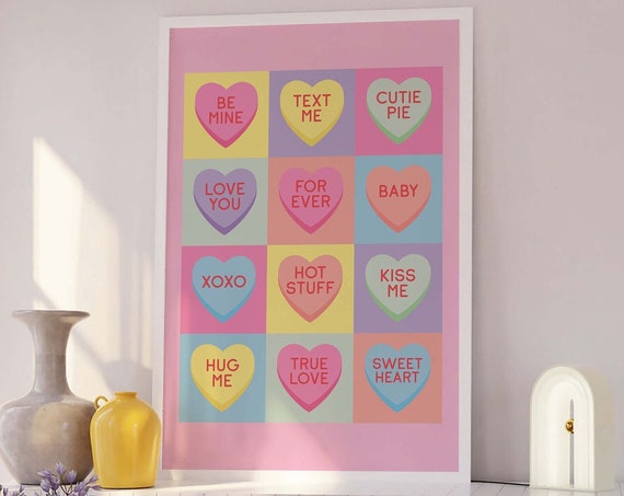 Heart Candy Print Art Cute Valentines Decor Heart Candy Wall Art Trendy Pastel Pink Art Print
