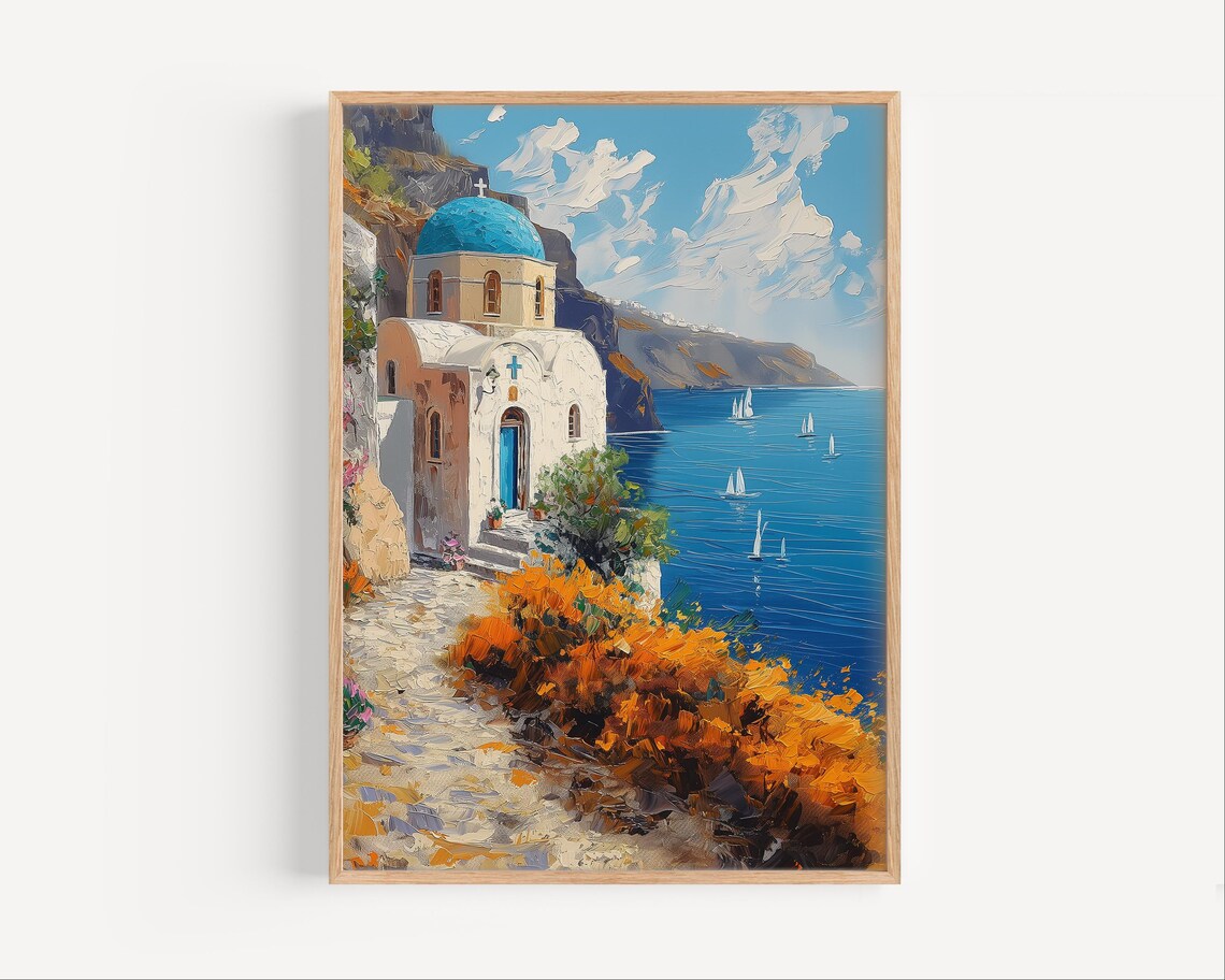 Santorini Blue Dome Church Aegean Sea Cliffs Painting Poster