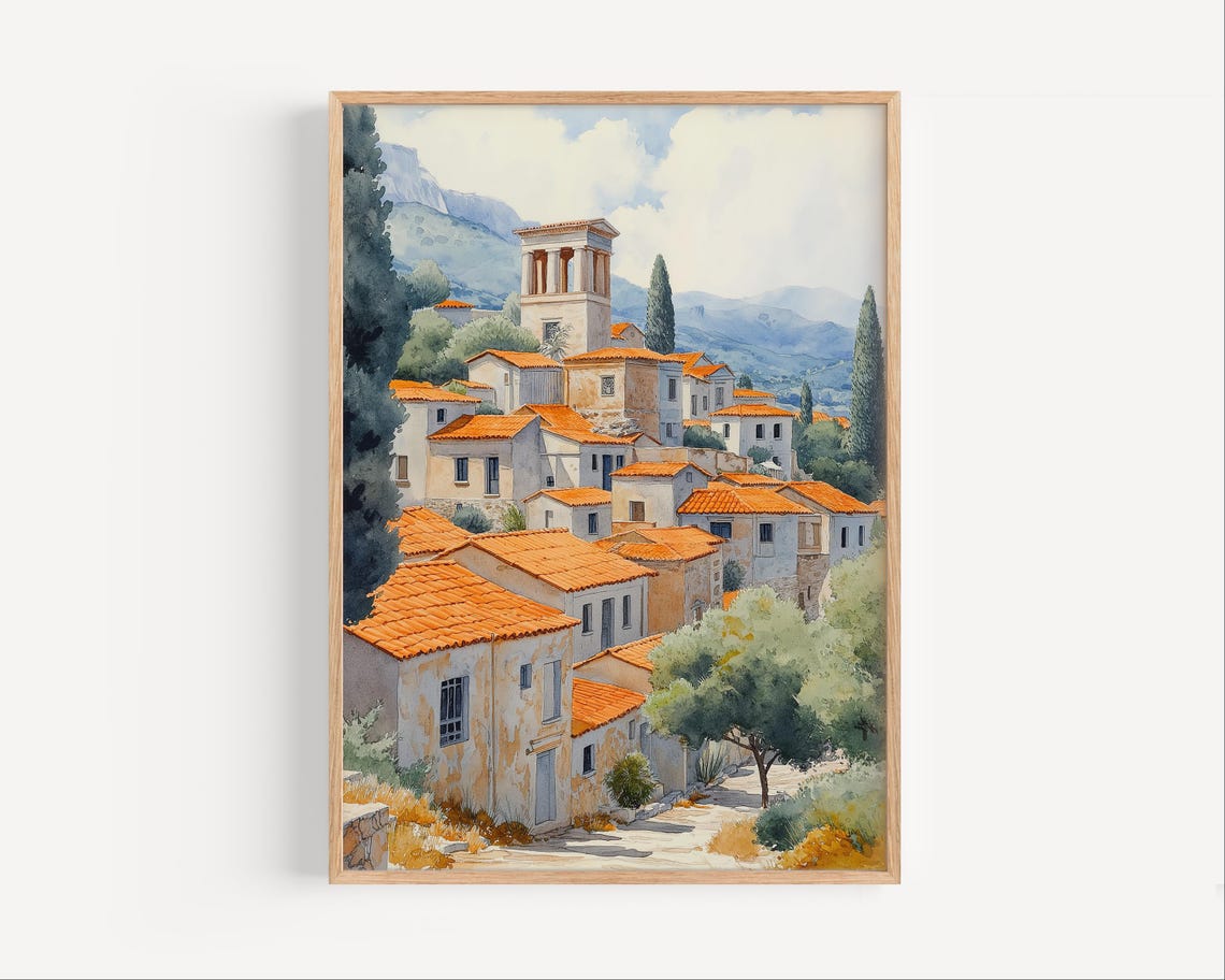 Old Village Bell Tower Watercolor Travel Scene Mediterranean Poster