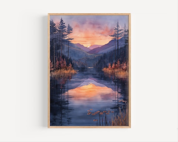 Sunset Lake Reflection Pine Trees Mountain Dusk Watercolor Poster