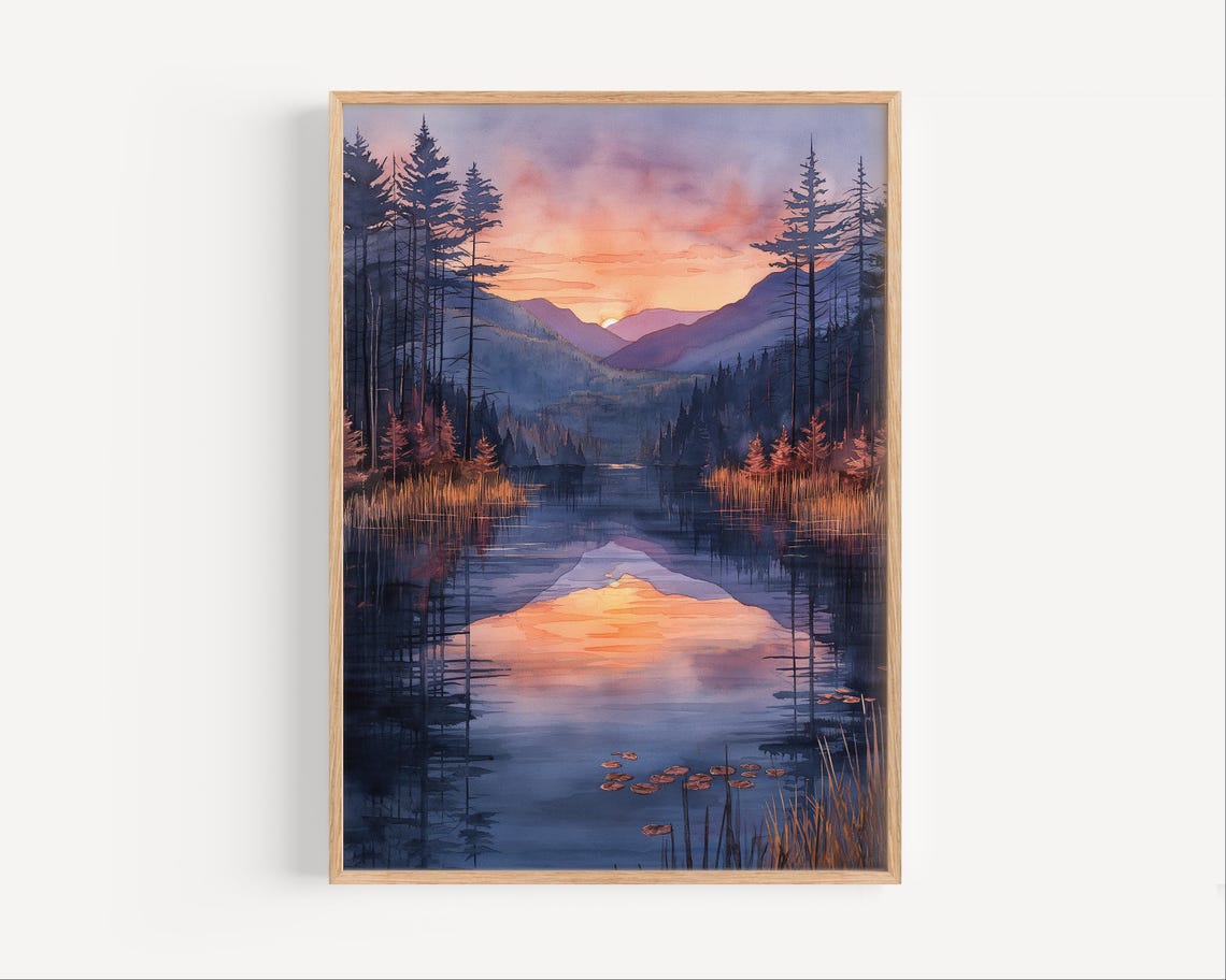 Sunset Lake Reflection Pine Trees Mountain Dusk Watercolor Poster