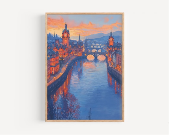 Historic River City with Bridges and Clock Tower Sunset European Wall Art