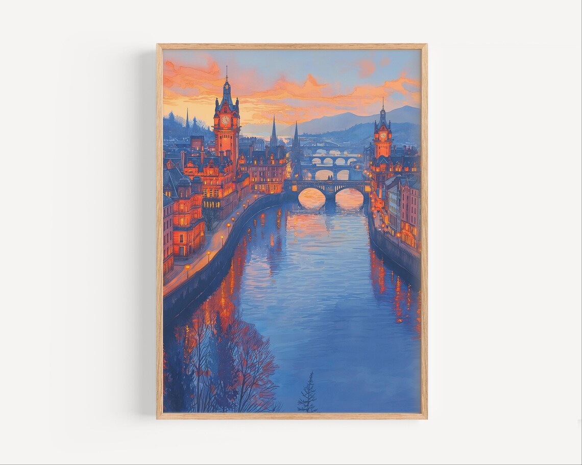 Historic River City with Bridges and Clock Tower Sunset European Wall Art