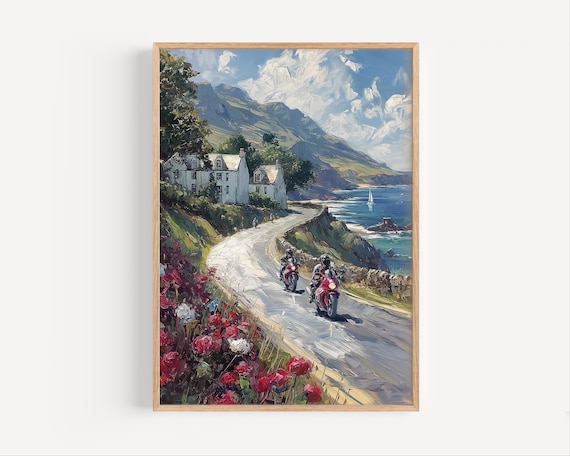 Motorbikes on Coastal Mountain Road Oil Painting Travel Poster