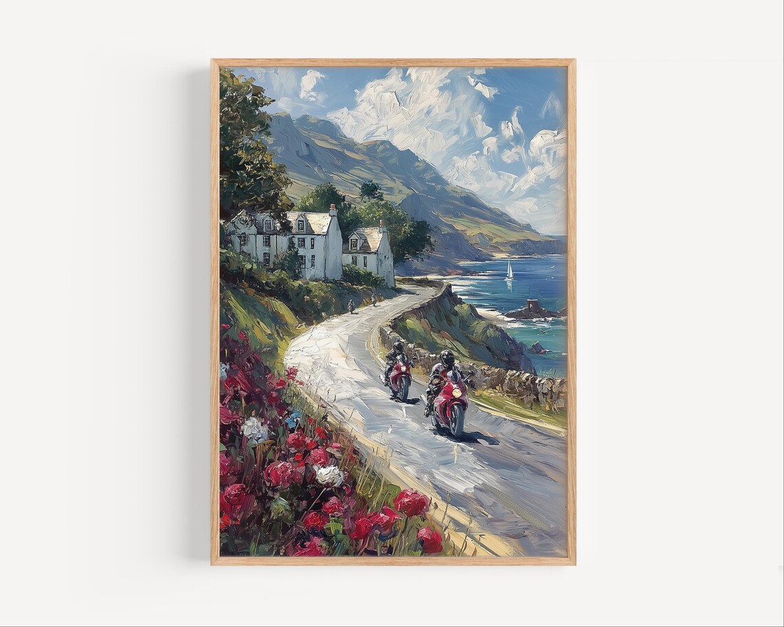 Motorbikes on Coastal Mountain Road Oil Painting Travel Poster
