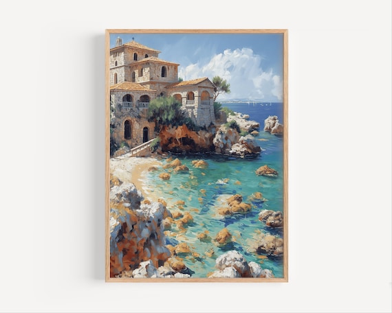 Paphos Cyprus Stone Villa Rocky Cove Turquoise Sea Oil Poster