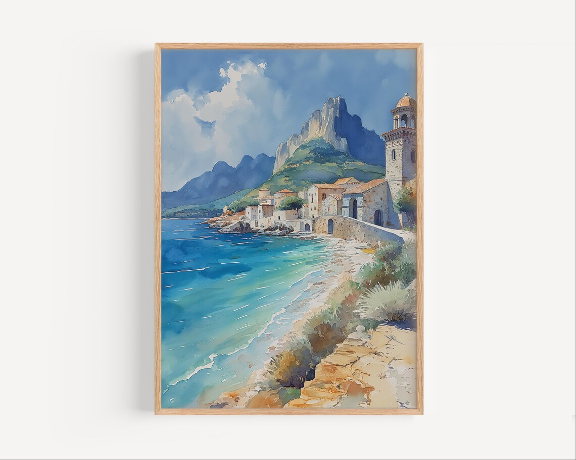 Mediterranean Coastal Village Watercolor Church Tower Sea Poster