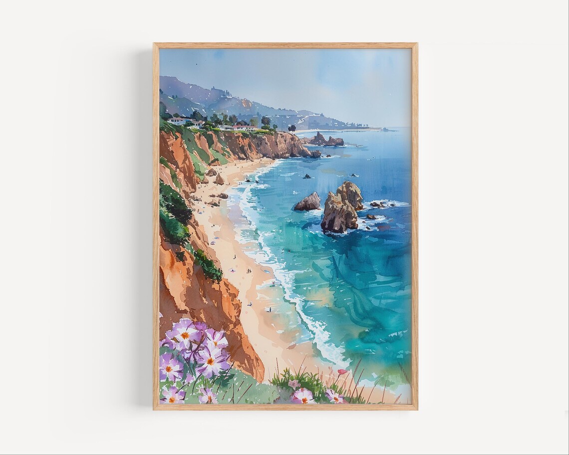 Sunny Coastal Cliffs Turquoise Bay Wildflowers Watercolor Poster