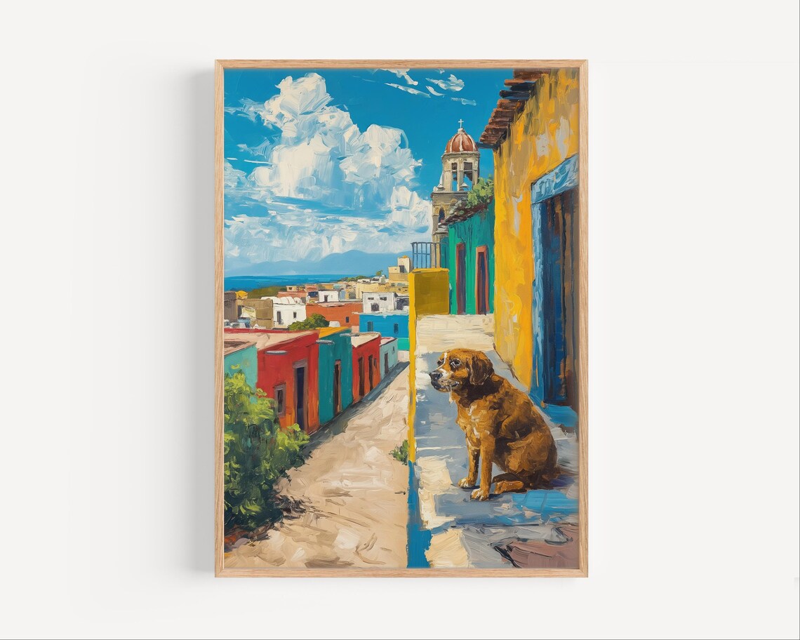 Mexico Street Stray Dog Colorful Old Town Oil Painting Poster