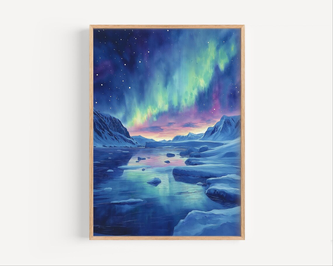 Northern Lights Over Arctic Fjord Night Reflection Watercolor Poster