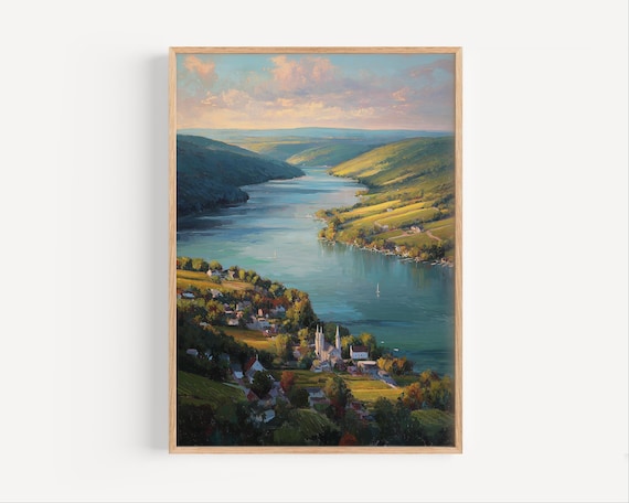Finger Lakes Lakeside Village Rolling Hills Oil Painting Poster