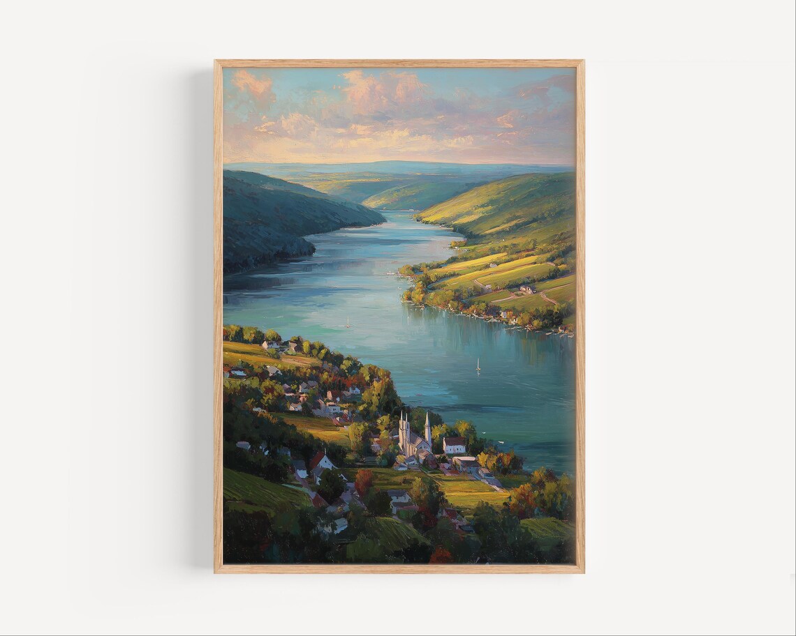 Finger Lakes Lakeside Village Rolling Hills Oil Painting Poster