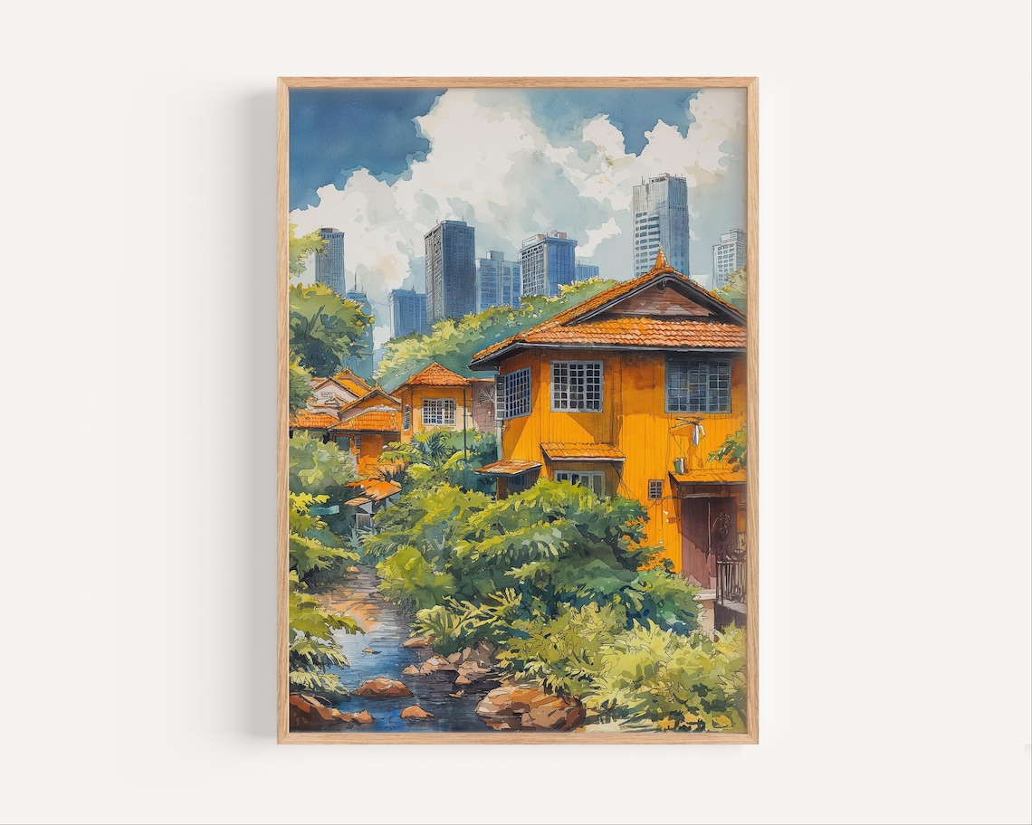Manila Riverside Wooden Houses City Watercolor Travel Poster