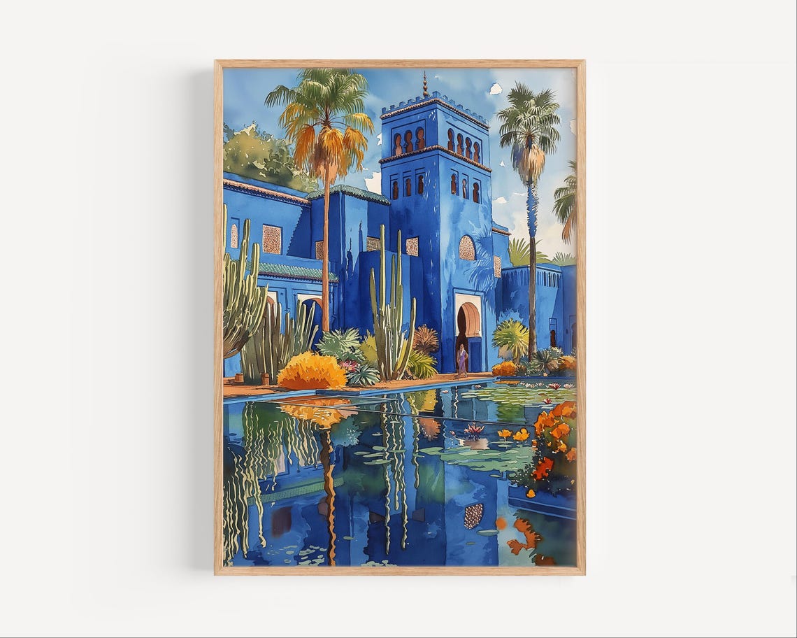 Jardin Majorelle Marrakech Blue Villa Palm Garden Watercolor Poster