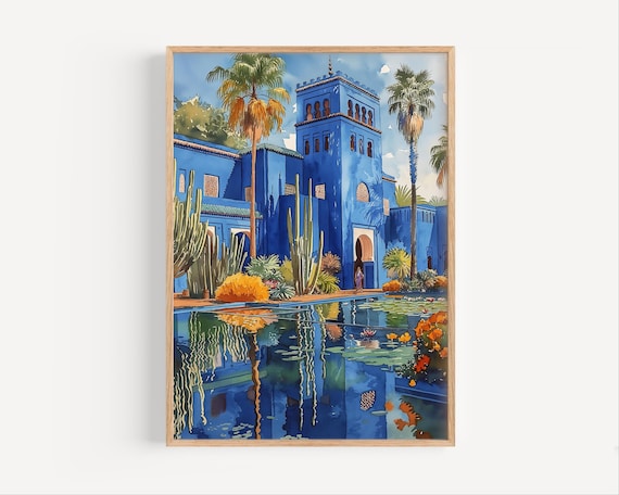 Jardin Majorelle Marrakech Blue Villa Palm Garden Watercolor Poster
