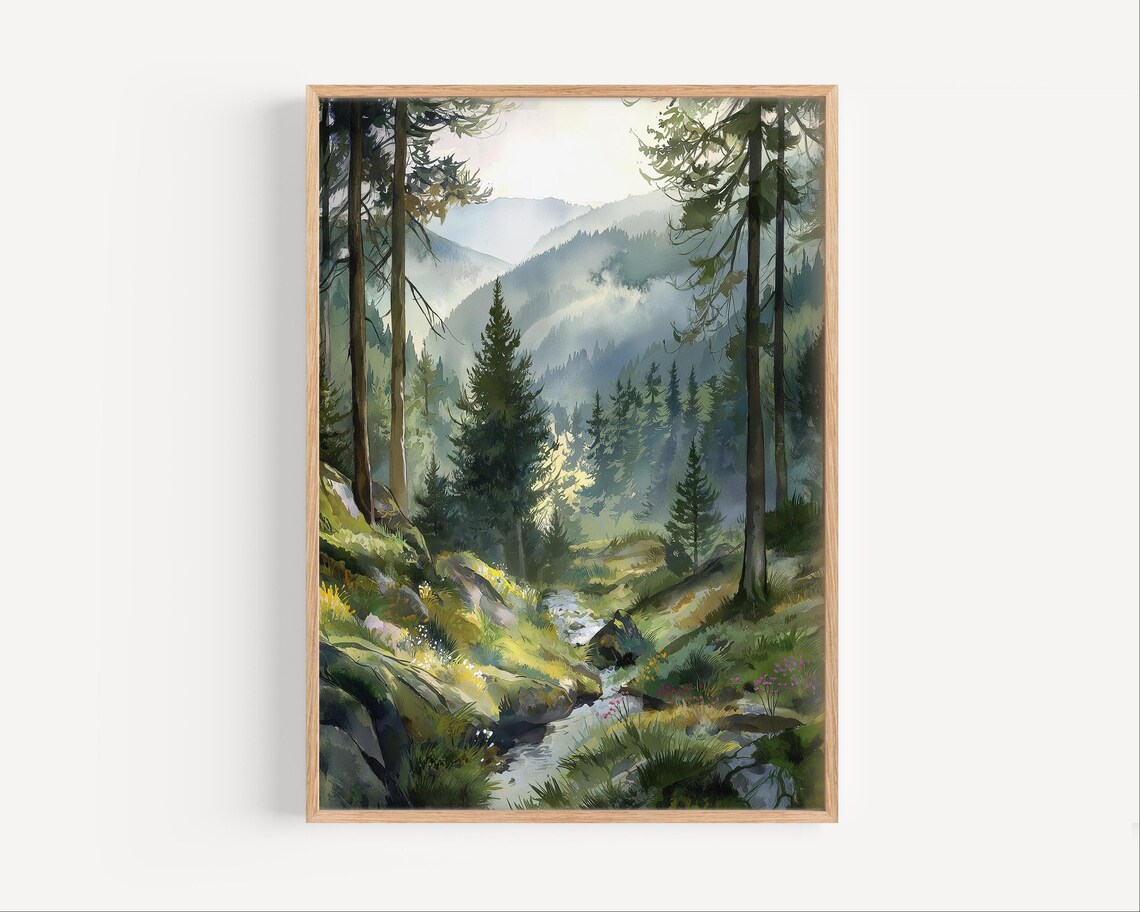 Misty Pine Forest Mountain Stream Sunlight Watercolor Woodland Decor Poster