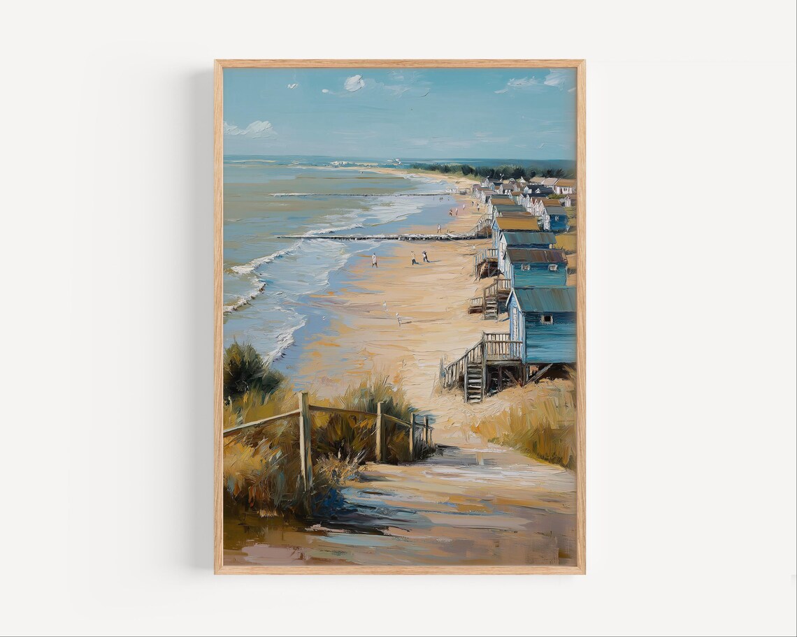 Coastal Beach Huts Along Sandy Dunes Vintage Oil Painting Style Poster