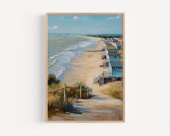 Coastal Beach Huts Along Sandy Dunes Vintage Oil Painting Style Poster
