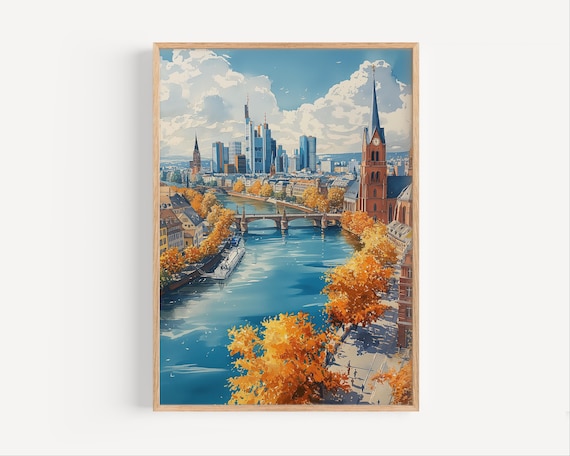 Frankfurt Germany Watercolor Painting Am Main River German Cityscape Travel Poster Print Or Canvas Hesse Eurotower Wall Art Gift