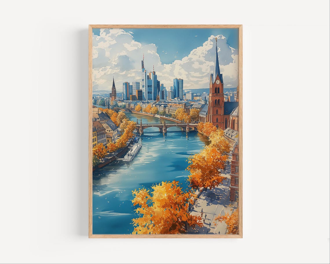 Frankfurt Germany Autumn River Skyline Watercolor Travel Poster