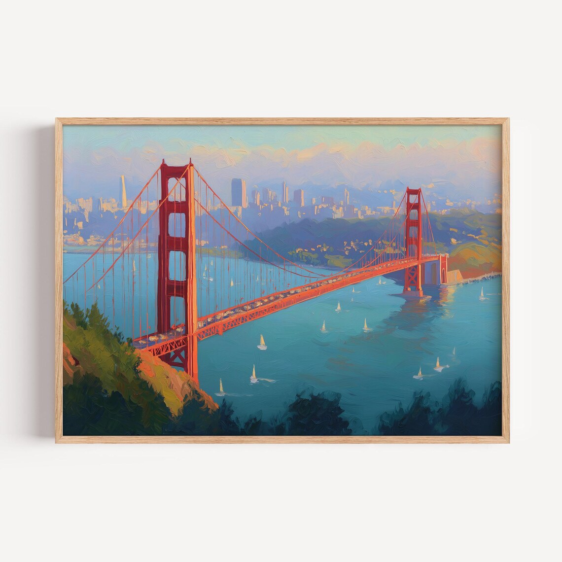 Golden Gate Bridge Sunset Sailboats City Skyline Oil Painting Poster