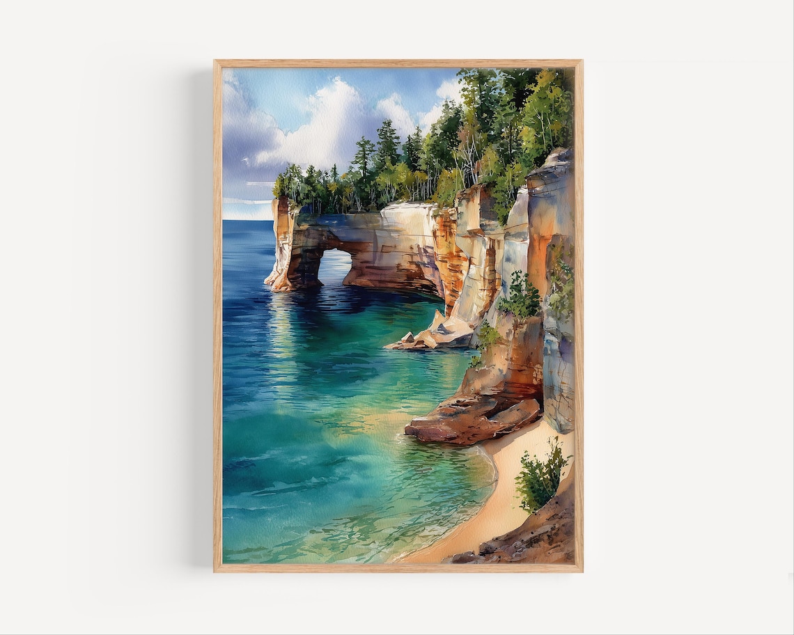 Pictured Rocks Watercolor Painting Print, Lake Michigan