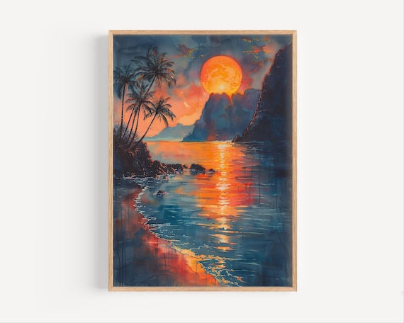 Hawaiian Beach Sunset Palm Trees Ocean Cliffs Watercolor Art Poster