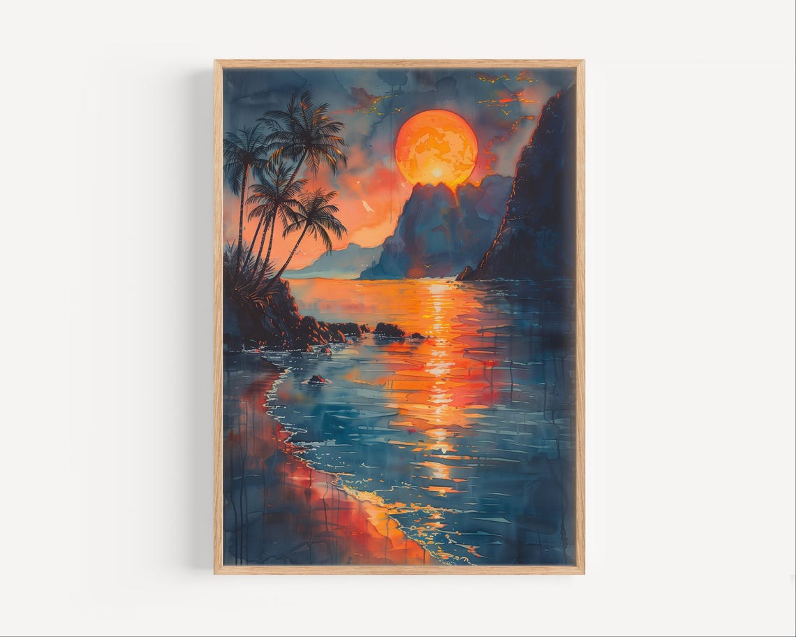 Hawaiian Beach Sunset Palm Trees Ocean Cliffs Watercolor Art Poster