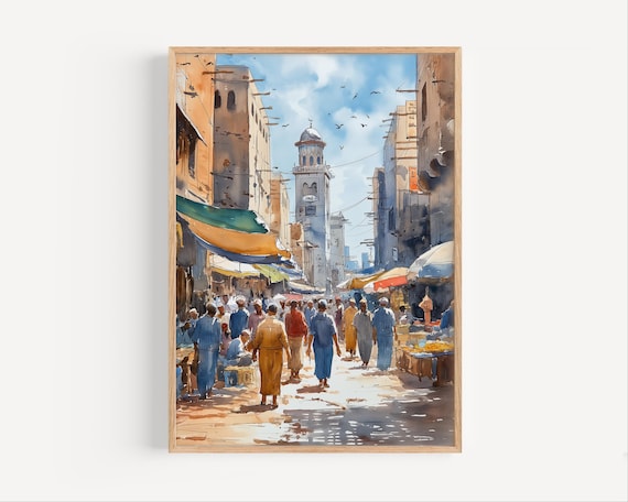 Bustling Sudan Street Market Watercolor Old Town Bazaar Poster