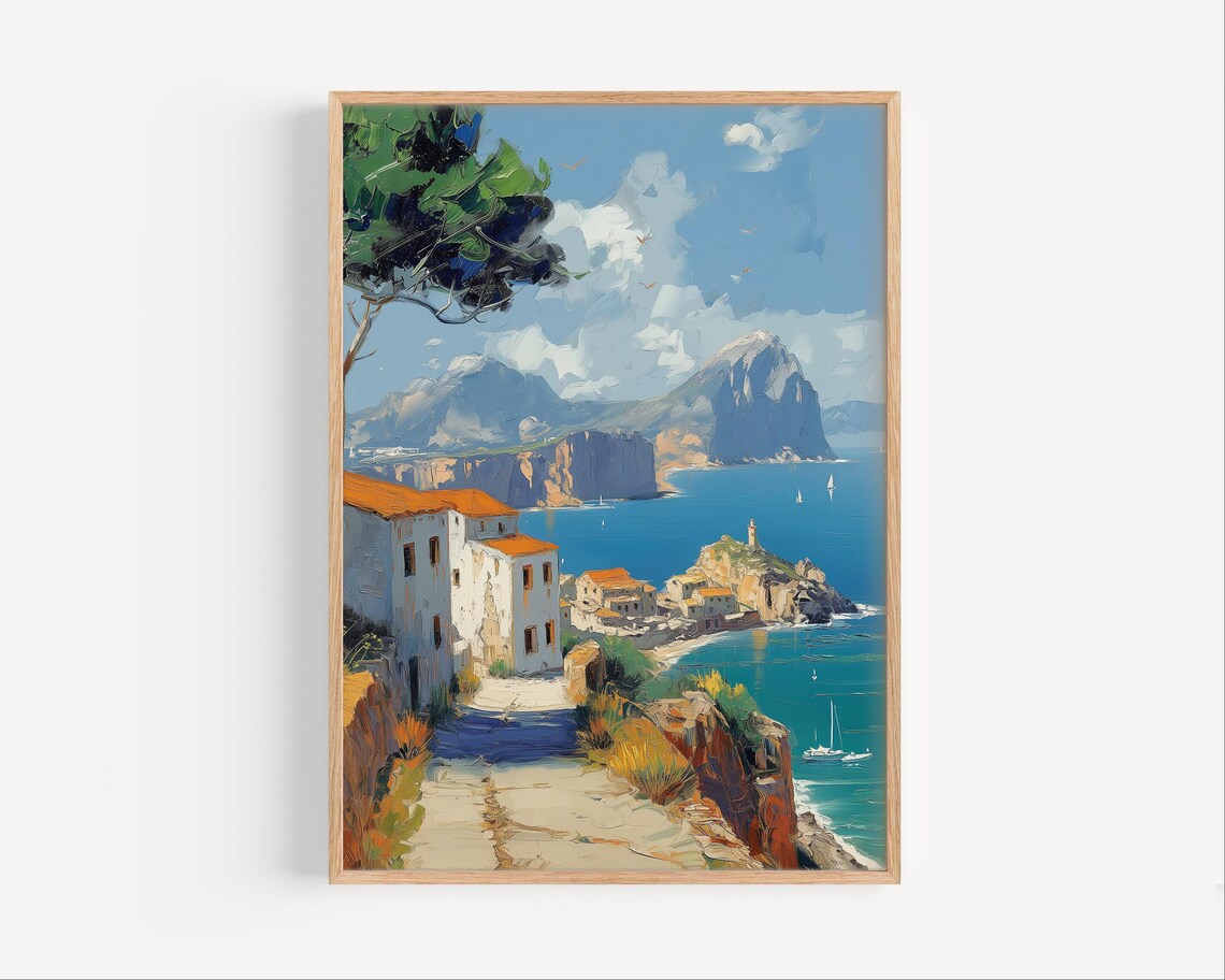 Gibraltar Village Coast Oil Painting White Houses Rock View Poster