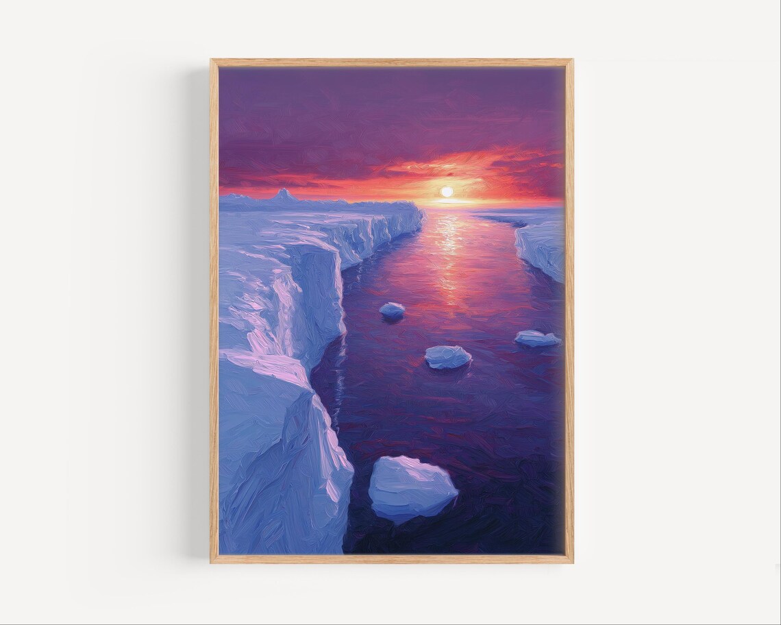 Arctic Sunset Over Frozen Channel Pink Sky Oil Painting Poster