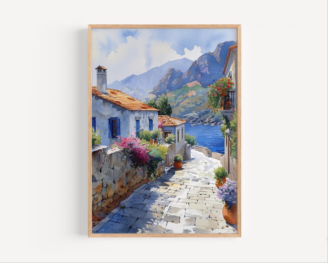 Mediterranean Coastal Village Blue Shutters Seaside Art Poster