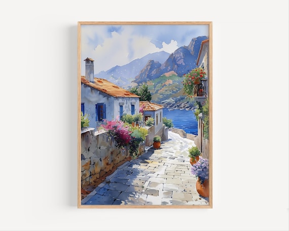 Mediterranean Coastal Village Blue Shutters Seaside Art Poster