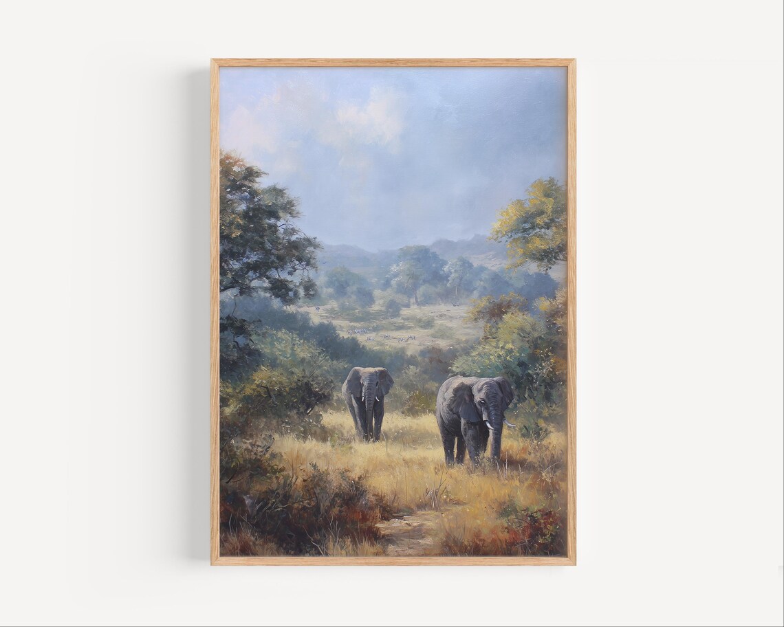 Majestic Kruger Elephants African Savanna Oil Painting Poster