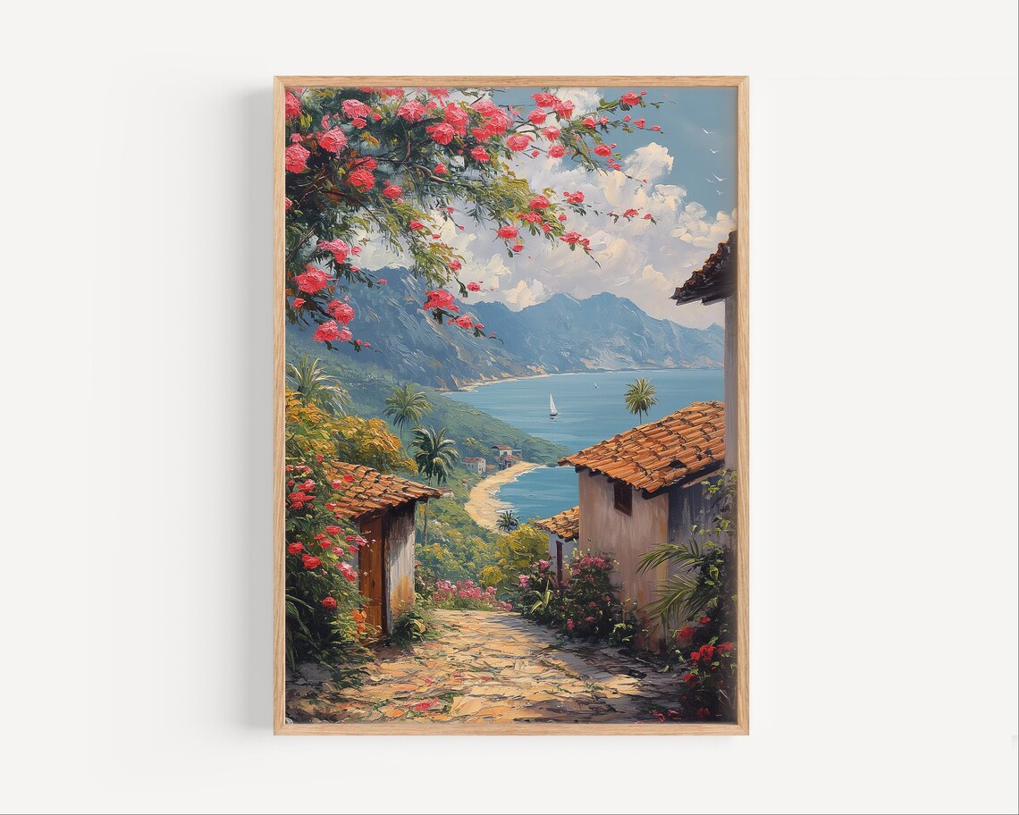 Tropical Hillside Coastal Town Pink Bougainvillea Flower Oil Painting Poster