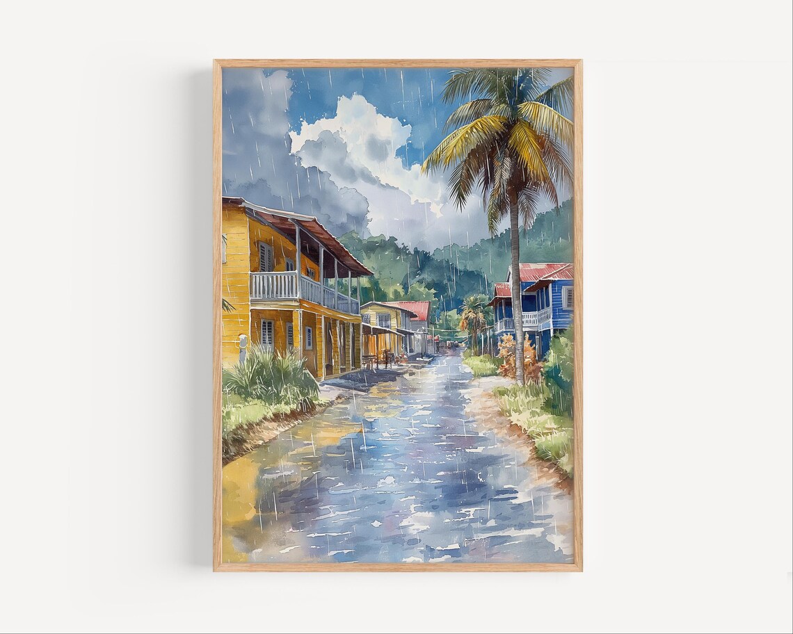 Rainy Tropical Street Colorful Houses Watercolor Village Scene Poster